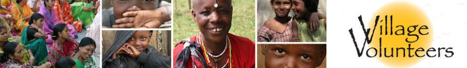 Photo mosaic of village women and children beside the hand-drawn Village Volunteers wordmark on a golden sun disc